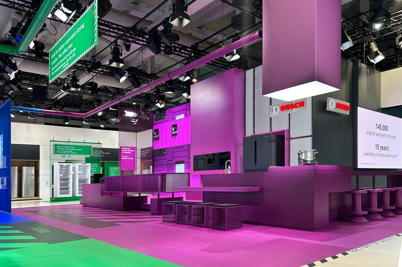 Bosch's IFA 2026 'Factory of Quality' exhibition stand in Berlin, showing built-in fridges, ovens and spare-parts signage under the Bosch logo.